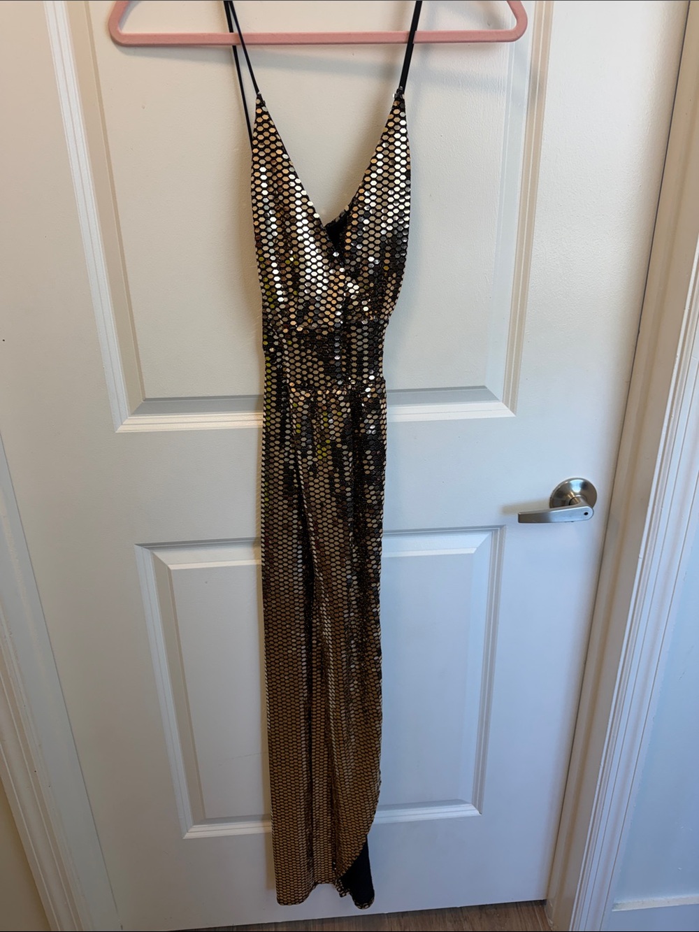 gold sequences dress slit on side